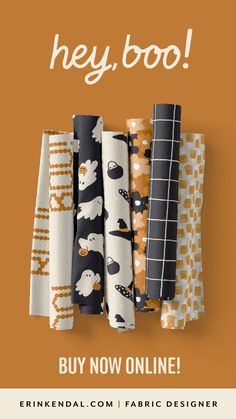 A bundle of 6 small rolls of fabric with cute Halloween designs in black, burnt orange, off white. There's candy corn, ghosts, flowers, grid, witches hat and cauldrons Hey Boo Halloween, Modern Halloween Decor, Halloween Sewing Projects, Modern Halloween, Hey Boo, Crafty Mama, Halloween Fabric, Halloween Projects