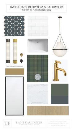 a bathroom design board with gold and green accents