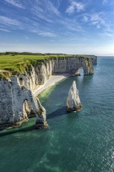 an aerial view of the ocean and cliffs