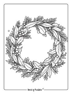 a christmas wreath with holly leaves and berries on the side, in black and white