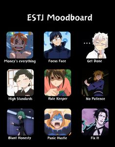 Estj Aesthetic Moodboard, Mbti Anime Characters, Estj Aesthetic, Estj Mbti