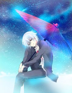 an anime character sitting on the ground with an umbrella over his head, in front of a sky full of stars