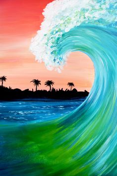 a painting of a large wave in the ocean with palm trees and sunset behind it