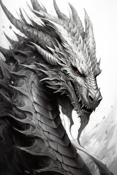 a black and white drawing of a dragon