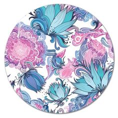 a blue and pink flower pattern on a white background with an oval design in the center