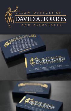 two business cards for law offices with gold foil on the front and back, both in blue