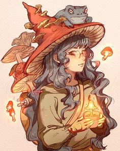 a drawing of a woman wearing a witches hat