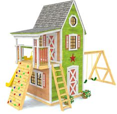 a wooden play house with slide and ladders to the roof, on white background