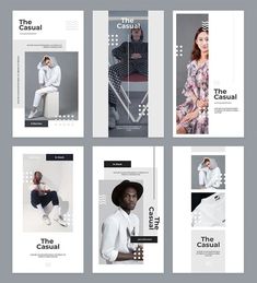 four brochures designed to look like men's clothing with different styles and colors