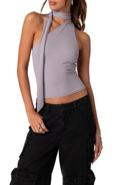 This close-fitting cropped top is designed in a halter silhouette with a drapey side scarf. Mock neck Sleeveless 95% polyester, 5% spandex Machine wash, dry flat Imported Taiwan Outfit, Scarf Halter Top, Shoulder Scarf, Night Out Tops, Corset Crop Top, Scarf Top, Swimwear Dress, Knitted Romper, Halter Tops