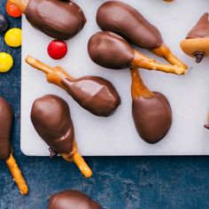 chocolate candies and candy on a white tray