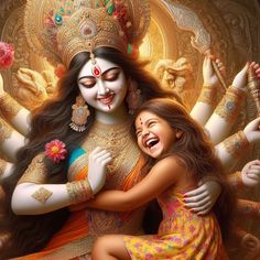 two girls hugging each other in front of a painting of deities and their faces on the wall