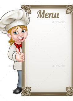 a cartoon chef holding a menu board