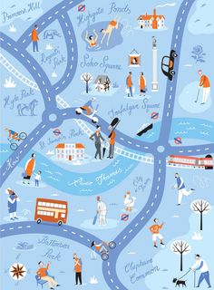 an illustrated map with people walking and riding on the streets in different directions, including traffic