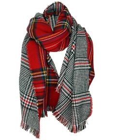 Cejon presents two classic patterns in one great look with this soft and cozy reversible plaid scarf.


 	Approx. dimensions: 70" x 24"
 	Acrylic/fiber/other fibers
 	Hand wash
 	Imported Cable Sweater Dress, Cheetah Print Scarf, Black And White Scarf, Reversible Blanket, Acrylic Fiber, 60 Fashion, Black Scarf, Ann Taylor Dresses, Blanket Scarf