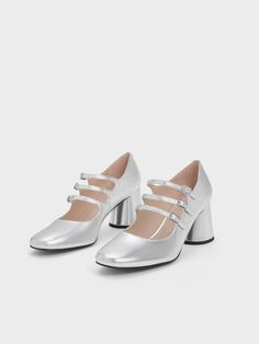 Silver Claudie Metallic Buckled Mary Janes Marry Jane, Faux Leather Heels, Size Chart For Kids, Charles Keith, Mary Jane Heels, Silver Shoes, Party Looks, Belt Size, Leather Heels