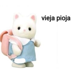 a white cat with a pink backpack on it's back and the words vieja pijoja written in spanish