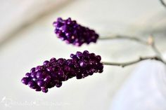 two small purple beads are attached to a twig on a white tablecloth with a vase in the background