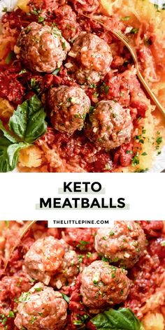 keto meatballs with tomato sauce and basil on top