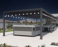 an outdoor bar with lights hanging from it's roof and patio furniture on the ground