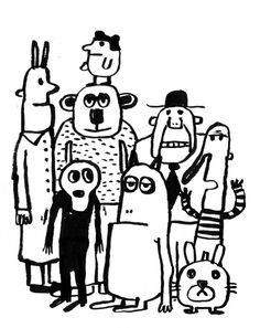 a black and white drawing of people standing next to each other