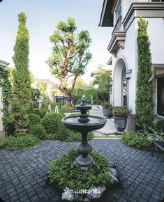 a fountain in the middle of a courtyard surrounded by trees and bushes with potted plants on either side