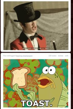 two pictures one with toast and the other with an image of a frog wearing a top hat