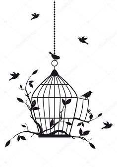 a bird cage hanging from a tree branch with birds flying around it