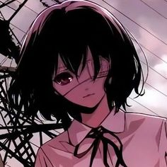 an anime character with black hair wearing a pink shirt and tie, staring at the camera