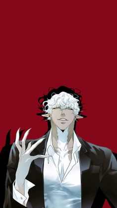 an anime character with white hair holding his hands up in front of the camera and wearing a black suit