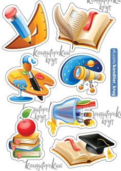 various stickers with books and school supplies on them, including an apple, pencil, book