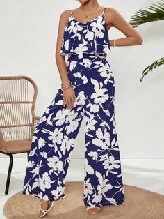 Royal Blue Boho Collar Sleeveless Polyester Floral,All Over Print Unitard Embellished Non-Stretch  Women Clothing Spaghetti Strap Jumpsuit, Cowboy Chic, Tunic Dresses, Summer Street Style, Everyday Dress, Stylish Boots, Street Style Summer, Latest African Fashion Dresses, Shirt Dresses