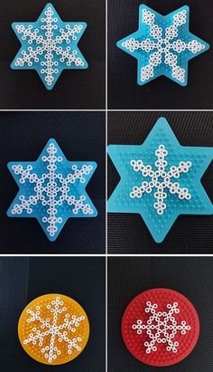 six snowflakes are shown in four different colors and sizes, each with white dots on them