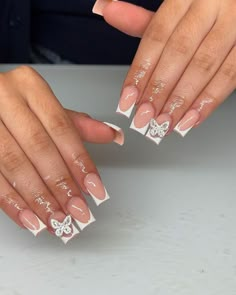 Charm Short Nails, French Tip Charms, Nails Acrylic Charms, 16th Birthday Nail Ideas, French Tip With Charms, Kids Acrylic Nails, French Tip Acrylic Nails Square, Mommy Nails