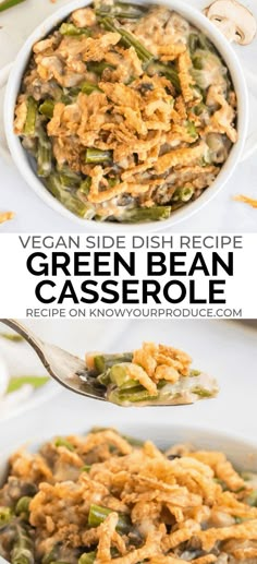 green bean casserole in a white bowl with a spoon on the side and text overlay that reads vegan side dish recipe