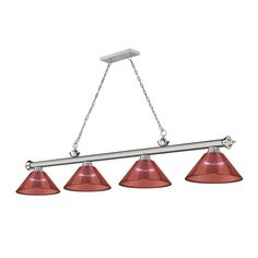 Abrushednickelfinishaddsanalluringgleamtothistraditionalmetalbilliardlight,whilefourredplasticshadesmakeitacolorfuladditiontoclassicinteriordecor.Perfectforkitchens,gamerooms,anddiningrooms,thiseffortlesslystylishfixtureilluminatesaroominstyle.SpecificationsShadeFinish:RedFrameFinish:BrushedNickelCollection:CordonBulbs:4x60W-MediumTheme:Traditional,Clas Classic Interior Decor, Everyday Home Decor, Candelabra Chandeliers, Billiard Lights, Game Rooms, Classic Decor, Light Bulb Types, Classic Interior, Red Frame