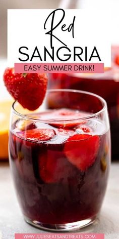 red sangria in a glass with strawberries on the rim and text overlay reads easy summer drink