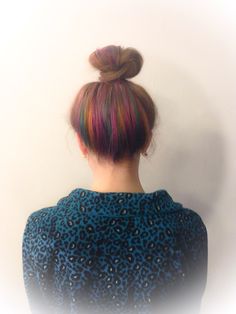 Peekaboo rainbow highlights... Top knot hair... Under color hair... created by @yasminmorrishairandlife Hair Under Color, Under Color Hair, Hair Color Rainbow, Under Hair Color, Top Knot Hair, Rainbow Highlights