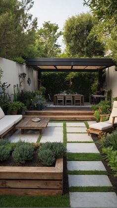 an outdoor living area with seating and plants