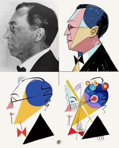 three pictures of men in suits and ties, one with an abstract design on his face