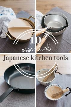 japanese kitchen tools are displayed in four different pictures with the words essentials on them