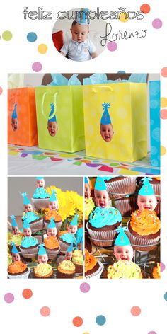 a collage of photos with cupcakes and birthday hats