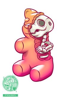 a pink teddy bear with a skeleton on it's back