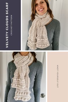 When I created this scarf I wanted to make the softest and coziest piece that I could come up with so that every time I put it on it feels like fluffy clouds of warmth wrapped around my neck. ⛅️🥰 Mission accomplished. My "Velvety Clouds Scarf" uses Bernat Velvet yarn to help level up the softness even more. This scarf is made up of 4-dc bobble stitches that I explain in detail along with rows of single crochet and slip stitches #crochetcommunity #moderncrochet #crochetscarf #crochetcrazy Casual Crochet Scarves For Fall, Snowfall Sweater Scarf Crochet Pattern, Cozy Crochet Infinity Scarf For Fall, Winter Scarf Crochet, Crochet Winter Scarf, Scarf Crochet Patterns, Crochet Scarves For Winter, One Size, Crochet Patterns For Women, Bohemian Brown Crochet Scarf