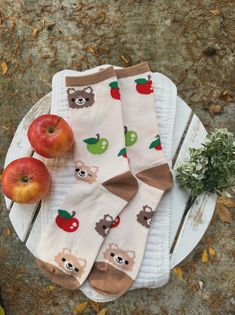 Cozy Apple Bear Socks perfect for the Autumn Season - Sock Size range is around 8.5-11 in Men and Women's. Example image is on a woman's size 8 foot (only a little baggy on me but fits fine) Bear Socks, All Things Cute, Autumn Season, Casual Socks, Socks And Hosiery, Sticker Shop, Fall Season, Clothing Accessories, Gender Neutral