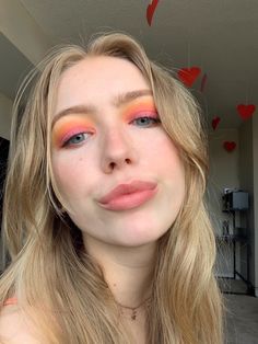 Pink 70s Makeup, Pink Orange Makeup Look, Yellow And Pink Makeup, 70s Inspired Makeup Hippie, Colourpop Mascara, Simple Colorful Makeup, Orange Light Makeup, Pink Orange Eyeshadow Looks, Orange And Pink Makeup