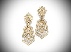 VCA. PAIR OF DIAMOND PENDENT EARRINGS. Each of lacework design, decorated with brilliant-cut diamonds and pear-shaped diamonds (15.38 carats on average E to F colour, VVS to VS clarity). Mounted in 18K yellow gold, signed Van Cleef & Arpels, numbered M38714, French assay and maker's marks, post and hinged back fittings, case stamped Van Cleef & Arpels platinum. All pieces signed Van Cleef & Arpels with maker's marks, necklace numbered HK 119, ear clips HK121 #VanCleefArpels #VCA80s’ #VCA90s’ #VCAFineJewellery #VCADiamond #VCAVintage Piece Sign, Ear Clips, Pear Shaped Diamond, Makers Mark