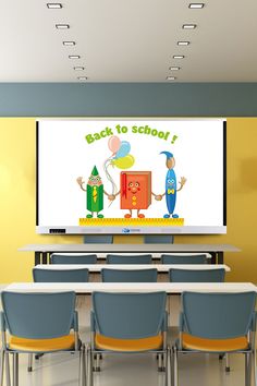 a classroom with chairs and a large screen on the wall that says back to school