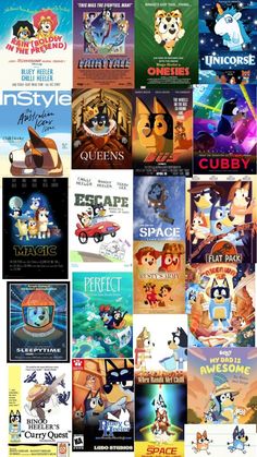 many different movie posters are shown in this collage, including cats and other animals