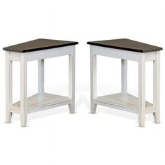 a pair of white and brown end tables